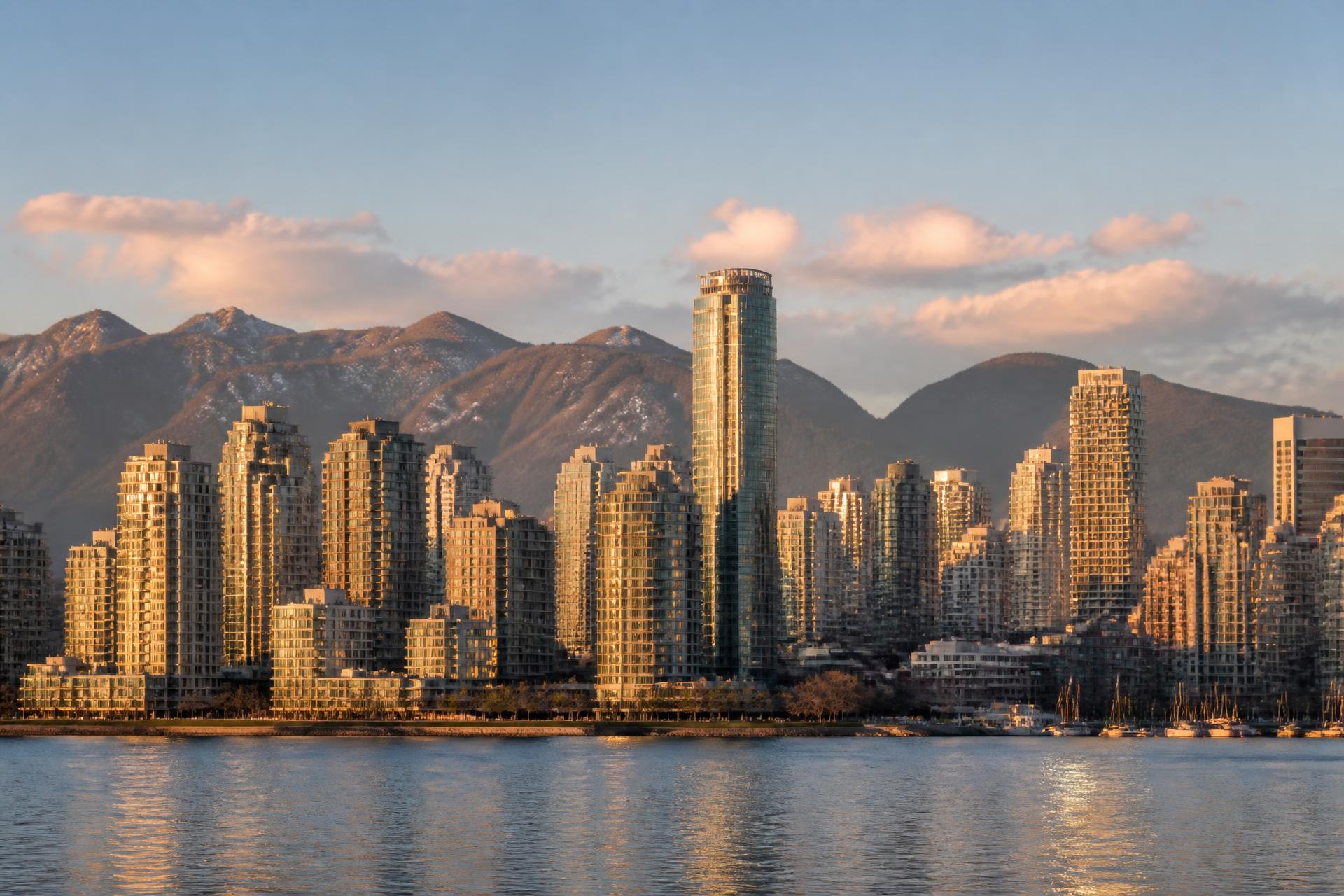 Vancouver skyline and North Shore mountains at golden hour